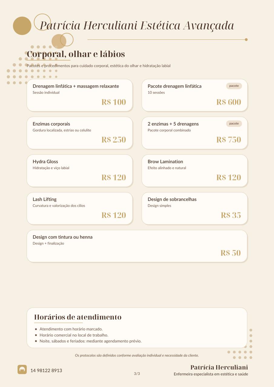 Tabela de serviços corporal, olhar e lábios