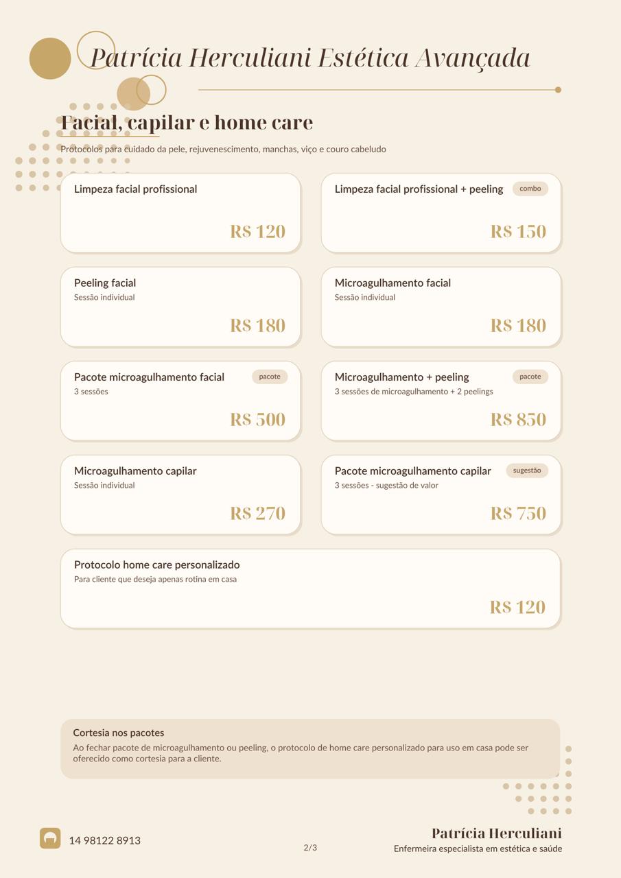 Tabela de serviços facial, capilar e home care